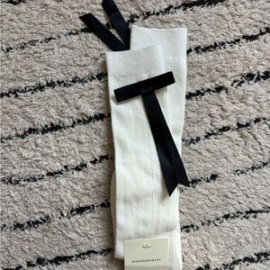 Anthro Cream Ribbed Knee-High Socks with Black Ribbon
